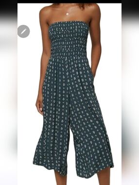 O'neill SLATE Green ALIANA Strapless SMOCKED BODICE Wide Leg JUMPSUIT